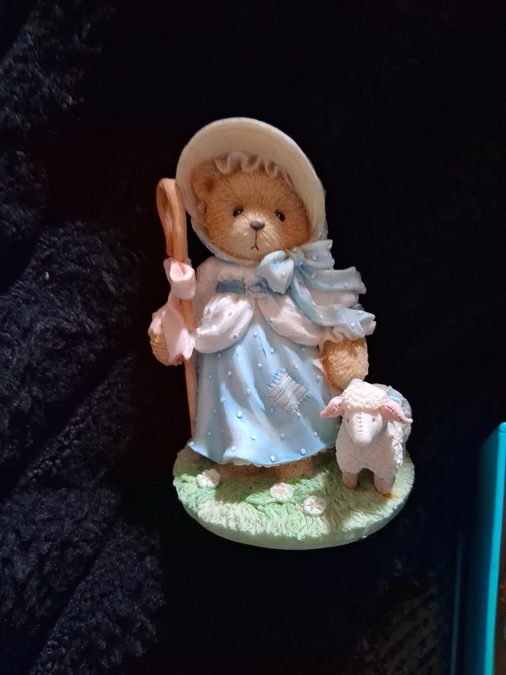 Hand-Painted Blue Teddy Bear Figurine with Lamb - Home Accent